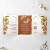 Boho Palm Earthy Floral Terracotta QR Code Weddens Drieluik Uitnodiging (Binnen)