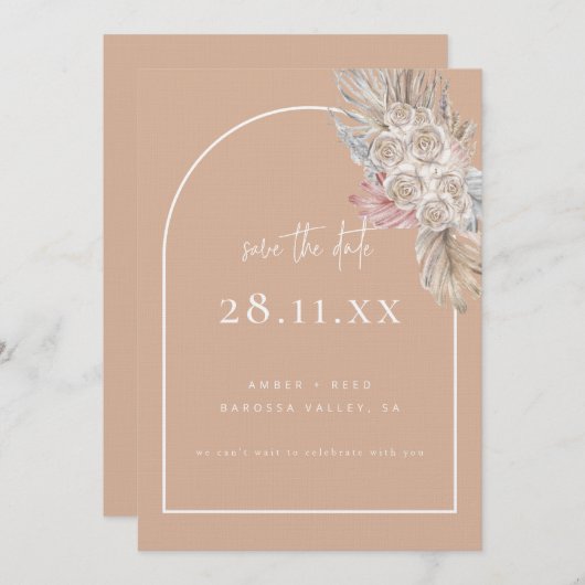 Boho Palm Leaf Bloemen Blush Modern Arch Save The Date (Voorkant / Achterkant)