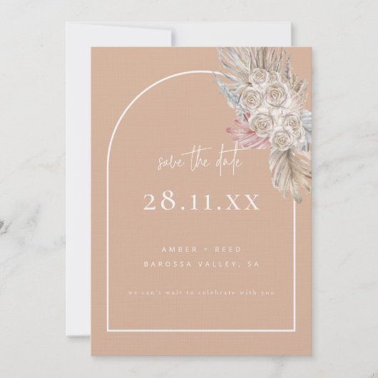 Boho Palm Leaf Bloemen Blush Modern Arch Save The Date (Voorkant)