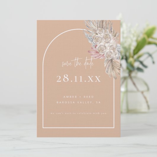 Boho Palm Leaf Bloemen Blush Modern Arch Save The Date (Staand voorkant)