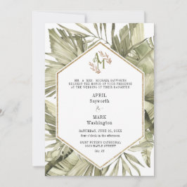 Boho Palm Leaf Greenery Monogram Huwelijk Kaart