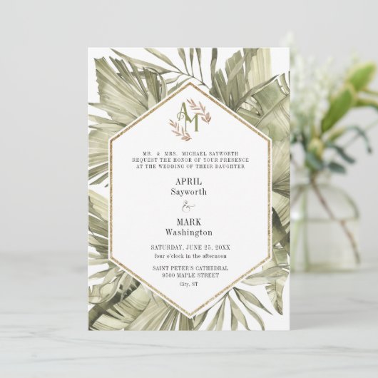 Boho Palm Leaf Greenery Monogram Huwelijk Kaart (Staand voorkant)