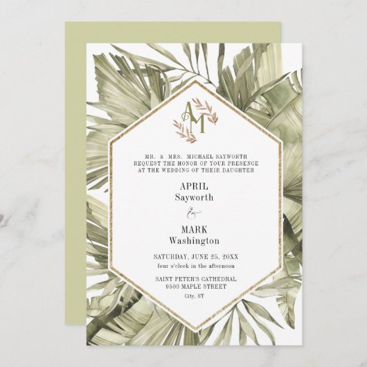 Boho Palm Leaf Greenery Monogram Huwelijk Kaart (Voorkant / Achterkant)
