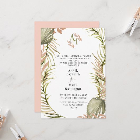 Boho Palm Leaf Greenery Wedding Kaart (Voorkant / Achterkant in situ)