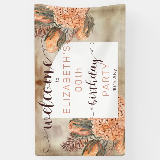 Boho Palm Leaves Hydrangea Birthday Party Welkom Spandoek (Verticaal)