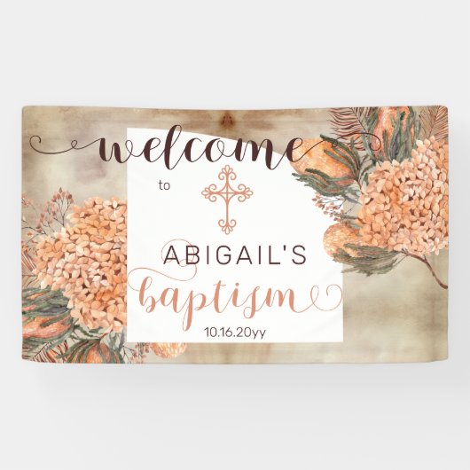 Boho Palm Leaves Hydrangeas Girl Baptism Welkom Spandoek (Horizontaal)
