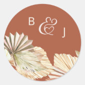 Boho Palm Monogrammed Terracotta Bruiloft Ronde Sticker (Voorkant)