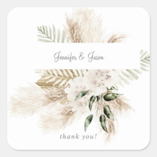 Boho Palm Pampas & Beige Bloemen Dank u Vierkante Sticker