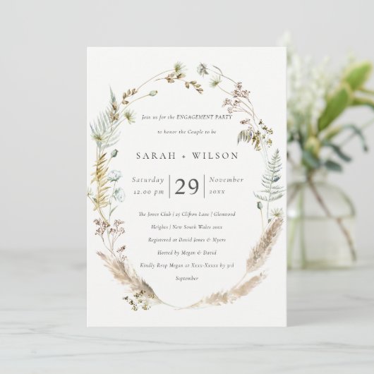 Boho Palm Pampas Grass Floral Verloving Invite Bedankkaart (Staand voorkant)