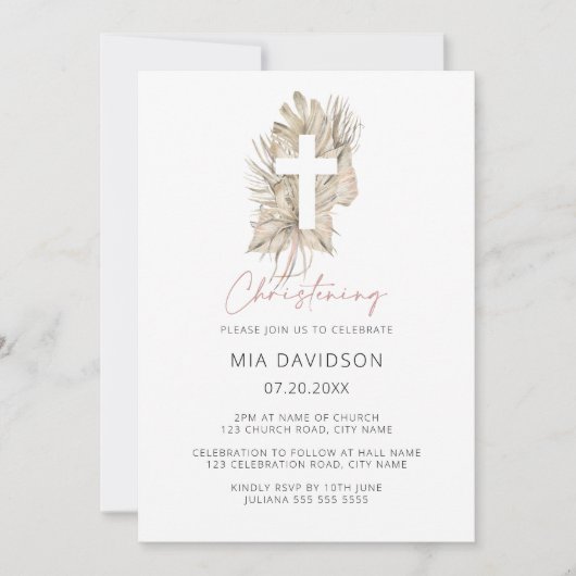 Boho Palm Roze Waterverf Bloemenkruis Christening Kaart (Voorkant)