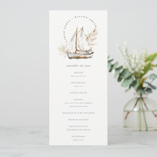 Boho Palm Sailboat Seascape Wedding Programme (Debout devant)