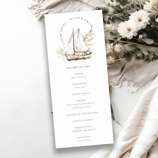 Boho Palm Sailboat Seascape Wedding Programme