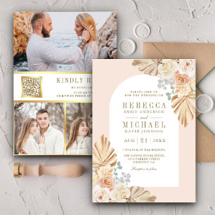 Boho Palm Stof Aardse Bloemige Boog QR Code Trouwe Kaart