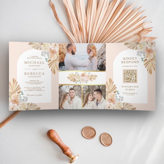 Boho Palm Stof Aardse Bloemrijke Boog QR Code Trou Drieluik Uitnodiging