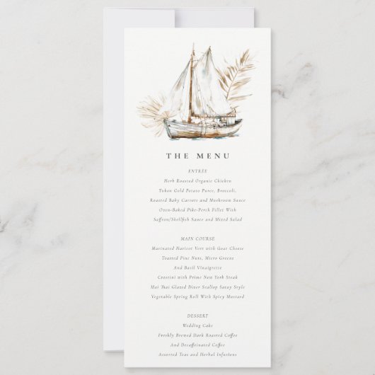 Boho Palm Zeilboot Zeegezicht Bruiloft Menu Kaart (Voorkant)