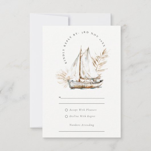 Boho Palm Zeilboot Zeegezicht Waterverf Trouwdag RSVP Kaartje (Voorkant)