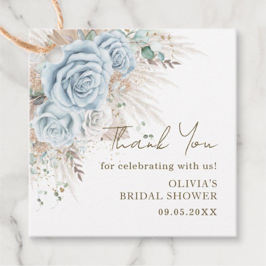 Boho Pampagras Pastelblauwe Bloemrijke Bruidsdouch Bedankjes Labels (Voorkant)