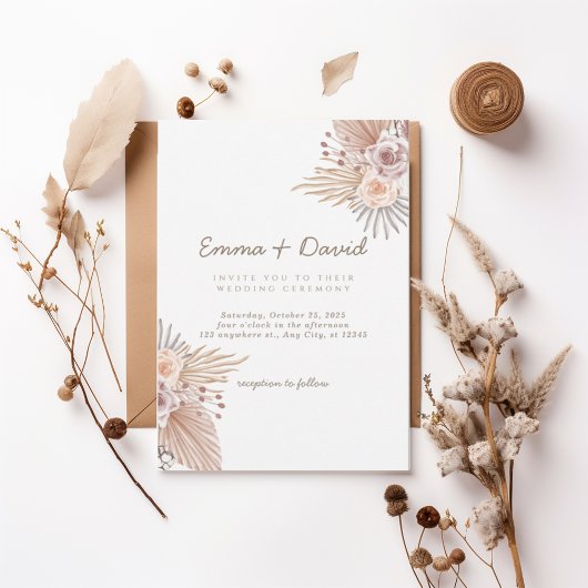 Boho Pampas and Blush Rose Wedding Invitation