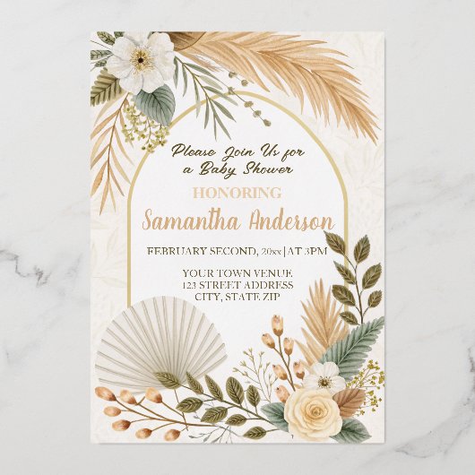 Boho Pampas Arch Baby shower Folie Uitnodiging (Voorkant)