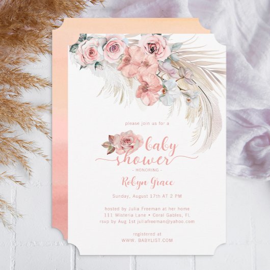 Boho Pampas Baby shower Invitation Blush Floral