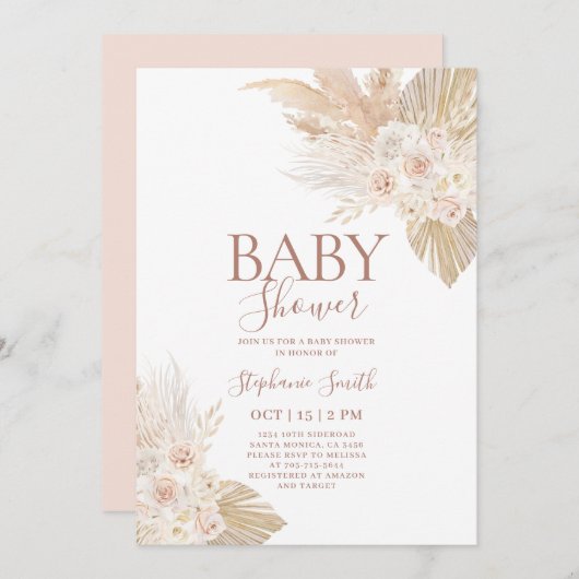 Boho Pampas Baby shower Invitation fille (Devant / Derrière)