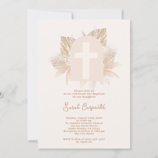 Boho Pampas Baptême invitation fille (Devant)