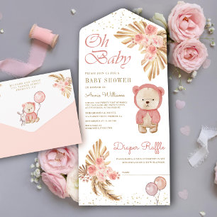 Boho Pampas Bloem Roze Teddybeer Babyshower All In One Uitnodiging