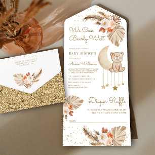 Boho Pampas Bloemen Maan Teddybeer Babyshower All In One Uitnodiging