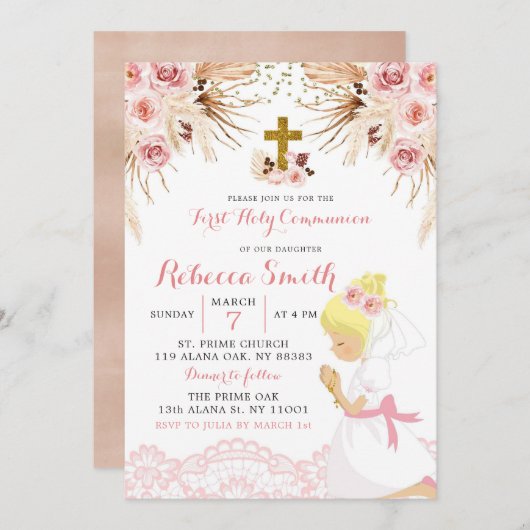 Boho Pampas Blonde Girl First Communion Invitation (Devant / Derrière)