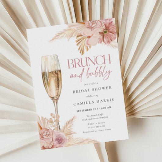 Boho Pampas Brunch Bubble Bridal Shower Invitation Kaart