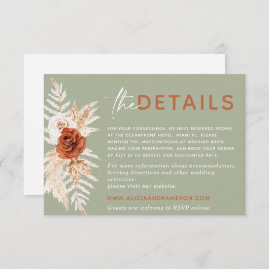 Boho Pampas Burnt Orange Mariage Détails Carte (Devant / Derrière)
