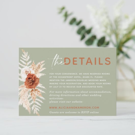 Boho Pampas Burnt Orange Mariage Détails Carte (Debout devant)