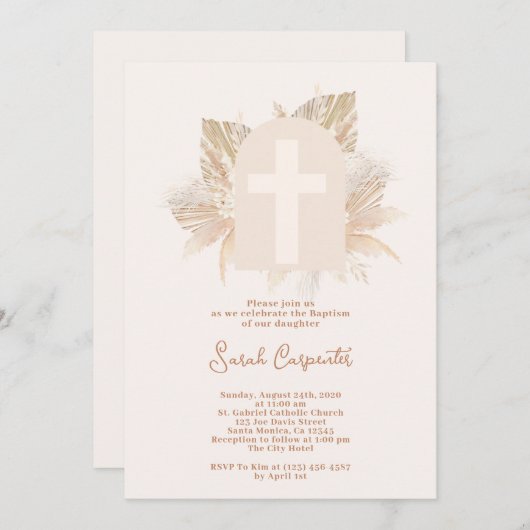 Boho Pampas Doop meisje uitnodiging (Voorkant / Achterkant)