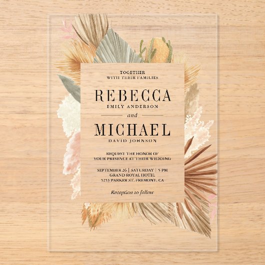 Boho Pampas Dried Palm Wedding Acryl Uitnodigingen (Voorkant)