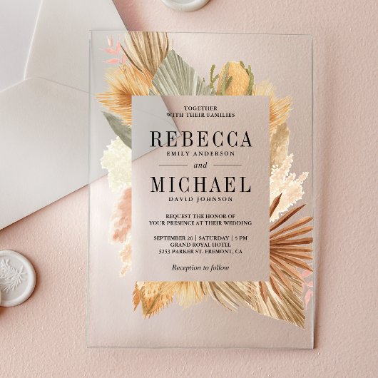 Boho Pampas Dried Palm Wedding Acryl Uitnodigingen