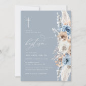 boho pampas dusty bleu floral baptême invitation (Devant)
