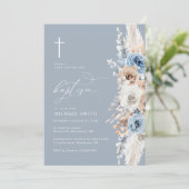 boho pampas dusty bleu floral baptême invitation (Debout devant)
