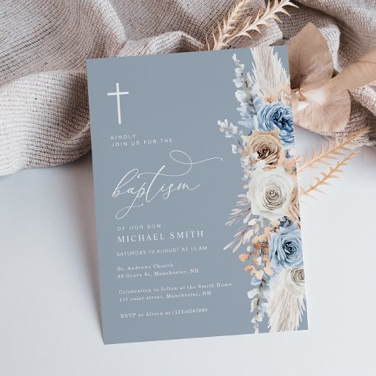 boho pampas dusty bleu floral baptême invitation