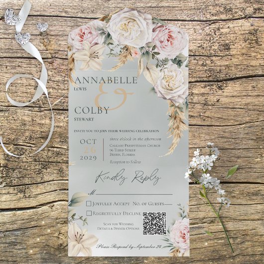 Boho Pampas en Roze Groene QR-code All In One Uitnodiging
