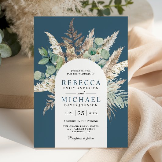 Boho Pampas Eucalyptus Arch Dusty Blue Wedding Kaart