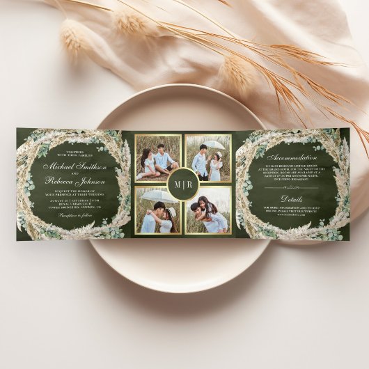 Boho Pampas Eucalyptus Wreath Sage Green Wedding Drieluik Uitnodiging