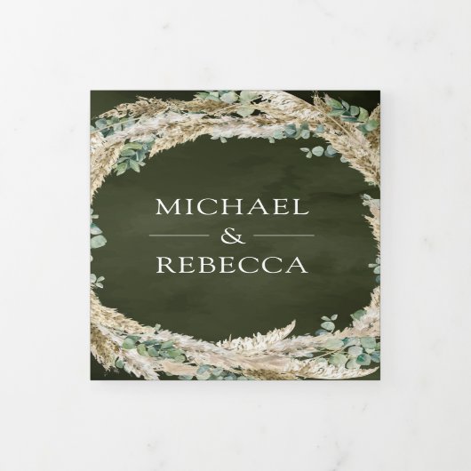 Boho Pampas Eucalyptus Wreath Sage Green Wedding Drieluik Uitnodiging (Cover)