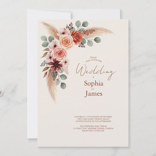 Boho Pampas Faire-part de mariage d'aquarelle de g (Devant)
