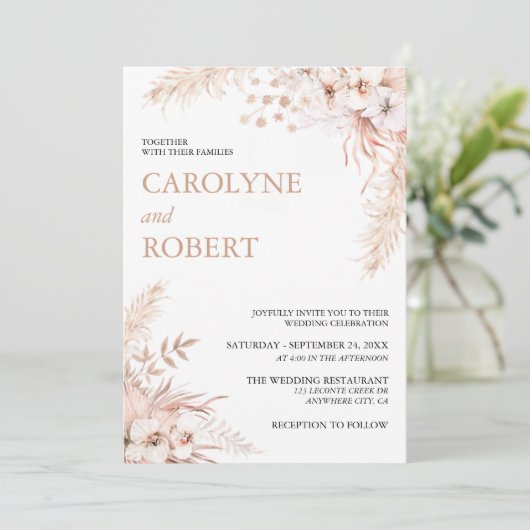 Boho Pampas Faire-part de mariage Floral Grass (Debout devant)