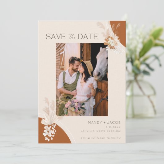 Boho Pampas Foto Bohemian Wedding Save The Date (Staand voorkant)