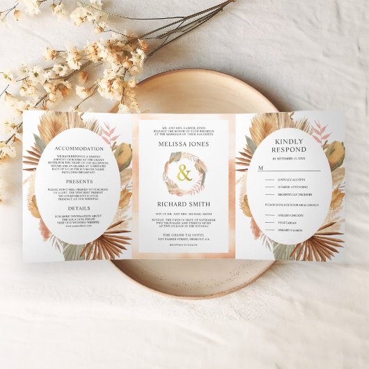 Boho Pampas Gedroogde Palm Alles in een bruiloft Drieluik Uitnodiging
