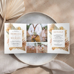 Boho Pampas Gedroogde Palm Foto Collage Trouwfeest Drieluik Uitnodiging