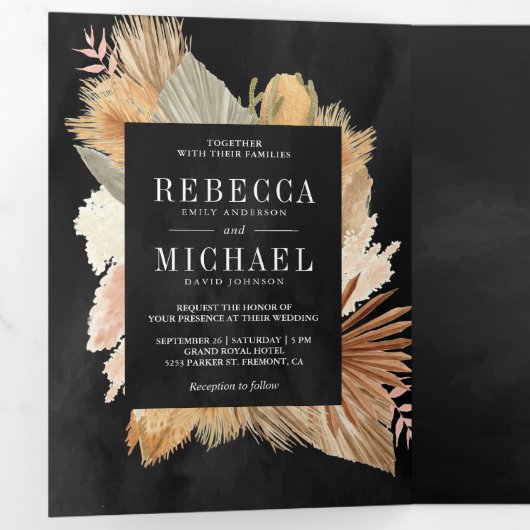 Boho Pampas Gedroogde Palm Fotocollage Zwart Bruil Drieluik Uitnodiging (Binnenzijde eerst)