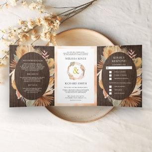 Boho Pampas Gedroogde Palm Hout All-in-One Trouw Drieluik Uitnodiging