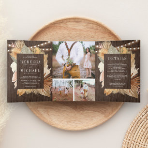 Boho Pampas Gedroogde Palm Hout Foto Collage Trouw Drieluik Uitnodiging